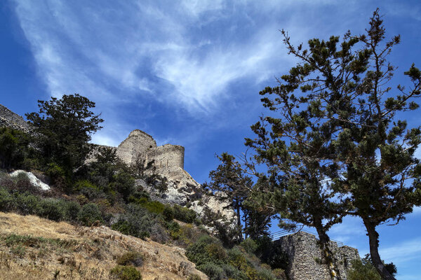 The ruins of Kantara Castle high in the mountains of Karpasia in the northeast of Cyprus in the TRNC (Turkish Republic of Northern Cyprus).