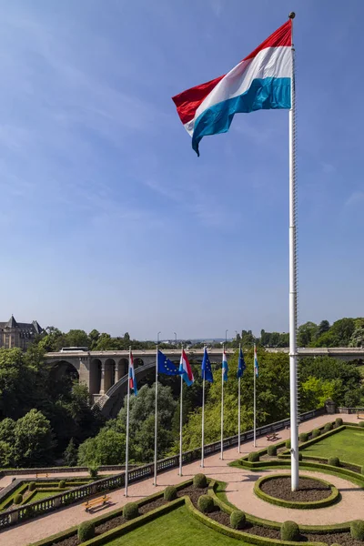 Bandeira Nacional Luxemburgo Que Sobrevoa Parc Constitution Cidade Luxemburgo Grão — Fotografia de Stock