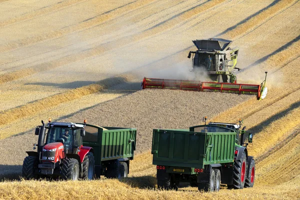 联合收割机在英国北约克郡的农田上收割小麦 — 图库照片
