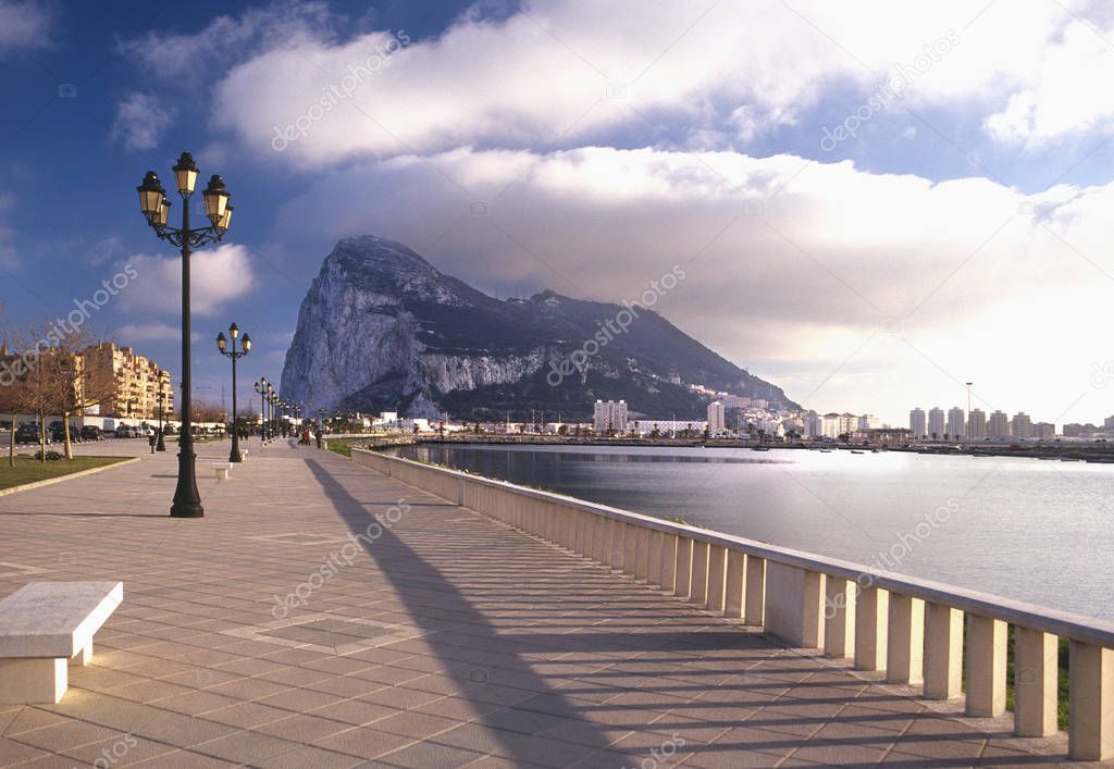 The Rock of Gibraltar viewed from Spain. Gibraltar is a British Overseas Territory.