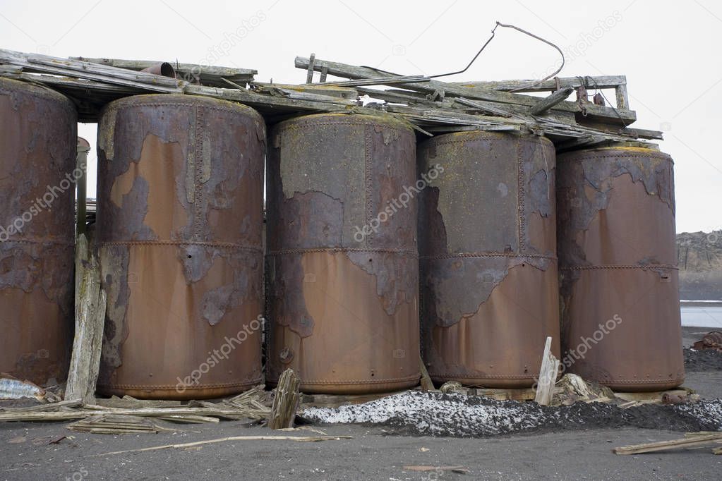 Rusting remains of the boilers at an old abandoned whaling station on Deception Island in Antarctica.