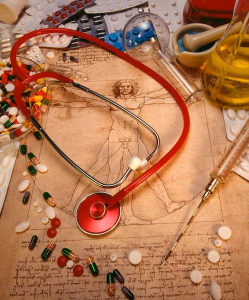 Kehidupan Medis Obat Obatan Diagram Dan Stetoskop — Stok Foto