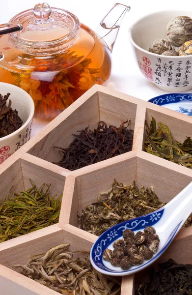 Soorten Chinese Thee Waaronder Bloeiende Thee Pouchong Long Jing Anji — Stockfoto