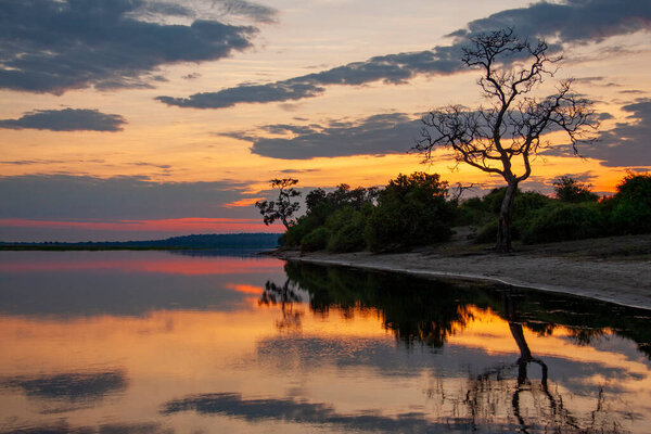 Sunset over the Chobe River in Chobe National Park in northern Botswana, Africa.