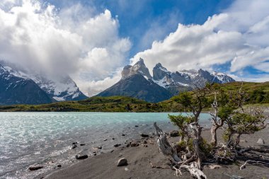Güney Şili 'nin güneyindeki Patagonya' daki Torres del Paine Ulusal Parkı 'ndaki Cordillera del Paine Dağı zirveleri..