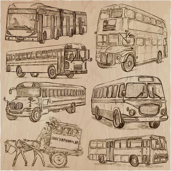 Una Collezione Vector Disegnata Mano Buses Tutto Mondo Pacchetto Trasporto — Vettoriale Stock