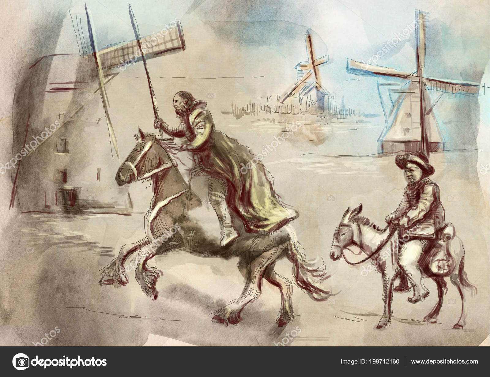 Don Quixote Sancho Panza Hand Painted Illustration Digital Drawing Technique Stock Photo C Kuco