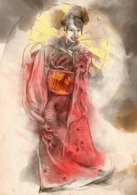 Japon kız - bir el boyalı illüstrasyon. Dijital çizim tekniği. Şemsiye ile Japon dansçı şemsiye.
