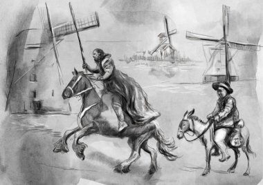 Don Kişot ve Sancho Panza - bir el boyalı illüstrasyon. Dijital çizim tekniği.