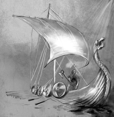 Viking Yaş. Drekar gemi ve tekne ile ejderha başlı balta ayakta olan savaşçı. Bir el illüstrasyon boyalı.