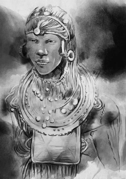 Black White Portrait African Man Une Illustration Peinte Main — Photo