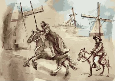 Don Kişot ve Sancho Panza - bir el boyalı vektör çizim. Dijital çizim tekniği.