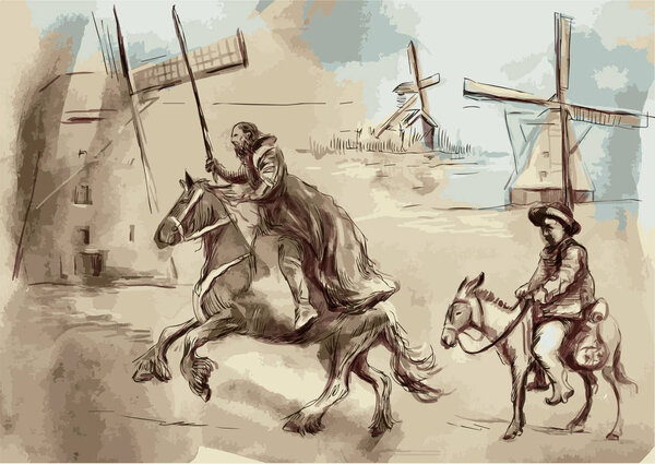 Don Quixote and Sancho Panza - An hand painted vector illustration. Digital drawing technique.