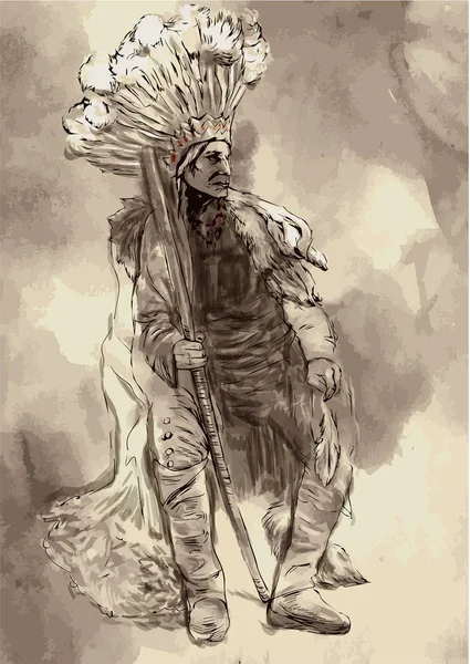 Indian Chief Portrait North Native American Vecteur Peint Main Illustration — Image vectorielle