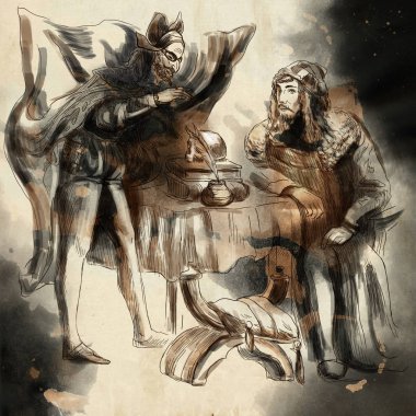 Faust ve şeytan. Serbest çizim bir elle çizilmiş örnek. Hat sanat tekniği, noktalar, dijital renkli resim.