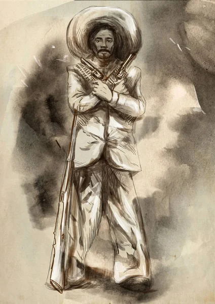 メキシコ デスペラード 拳銃やライフルを持つ男 フリーハンド スケッチの手描きイラスト ラインの技法 色点のデジタル絵画 — ストック写真