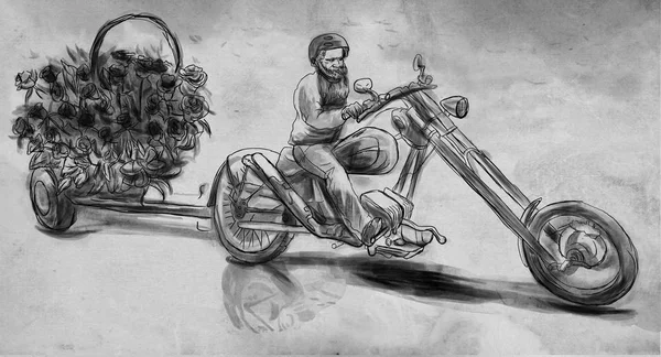 The biker - the love maker. An hand drawn illustration, freehand sketching. Line art technique, colored spots, digital painting.