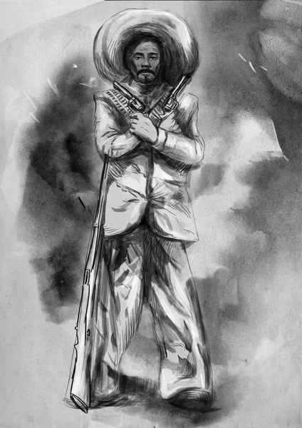 멕시코 데스페라도입니다 권총과 소총으로 남자입니다 스케치 손으로 그림입니다 디지털 — 스톡 사진