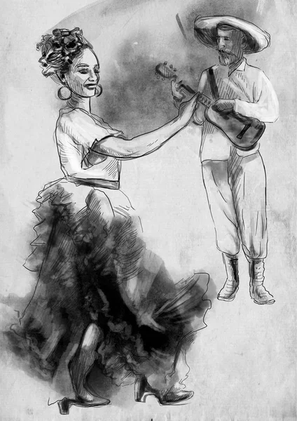 Flamenco Dancers Hand Painted Illustration Colored Line Art Digital Painting — Stock Photo, Image