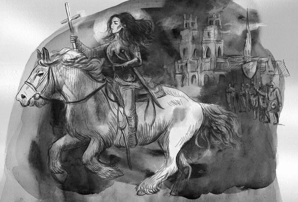 Joan Arc Hand Painted Illustration Colored Line Art Digital Painting — Stock Photo, Image