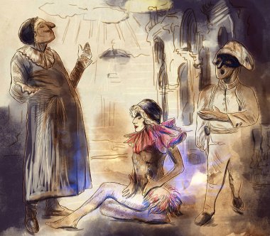 Commedia dell'arte. Bir el illüstrasyon, hat sanatı renkli boyalı. Dijital boyama tekniği.