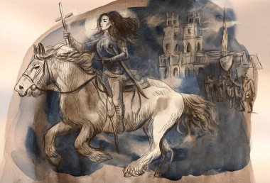 Joan of Arc. Bir el illüstrasyon, hat sanatı renkli boyalı. Dijital boyama tekniği.