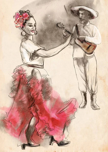 Bailarines Flamenco Una Ilustración Pintada Mano Arte Línea Colores Técnica —  Fotos de Stock