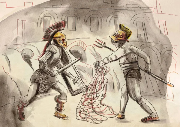 Gladiatorów Ręcznie Malowane Ilustracja Kolorowe Grafiki Liniowej Malarstwo Cyfrowe Techniki — Zdjęcie stockowe