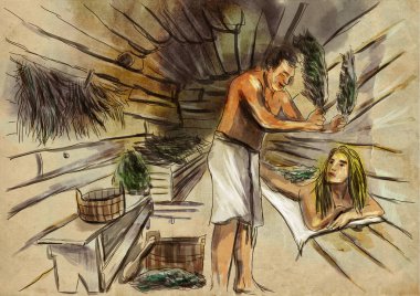 Banya. Sauna. Bir elle çizilmiş örnek. Serbest çizim, boyama.