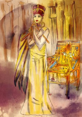 Nefertiti - bir Mısır kraliçesi. Bir elle çizilmiş örnek. Serbest çizim, boyama.