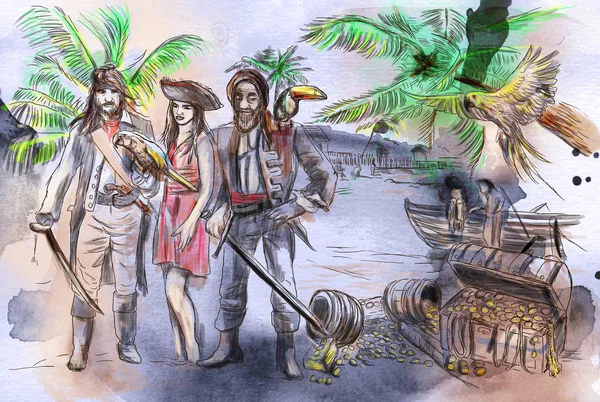 Piráti Jamajky Ručně Kreslené Ilustrace Kreslení Malířství — Stock fotografie