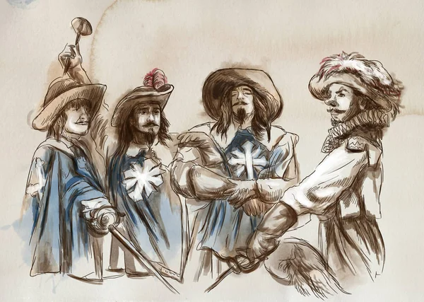 Three Musketeers Hand Drawn Illustration Freehand Drawing Painting — Stock Photo, Image