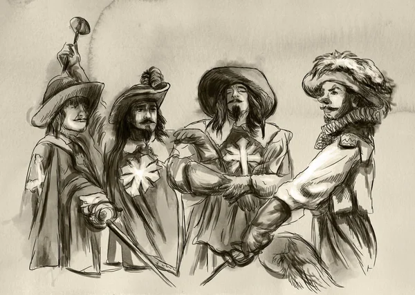 Three Musketeers Hand Drawn Illustration Freehand Drawing Painting — Stock Photo, Image