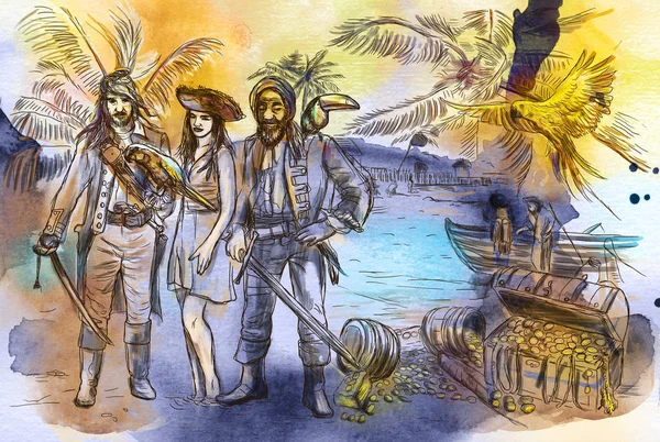 Pirates of Jamaica. An hand drawn illustration. Freehand drawing, painting.