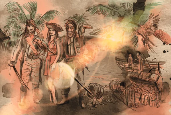Piraci Jamajki Ilustrację Wyciągnąć Rękę Rysunek Odręczny Rysunek Malarstwo — Zdjęcie stockowe