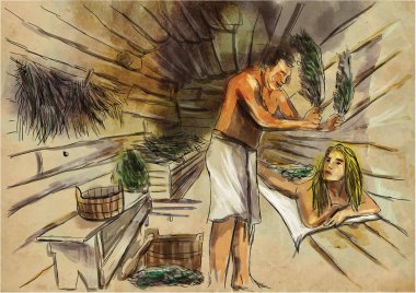 Banya - sauna. Bir elle çizilmiş örnek. Serbest çizim, boyama. Vektör