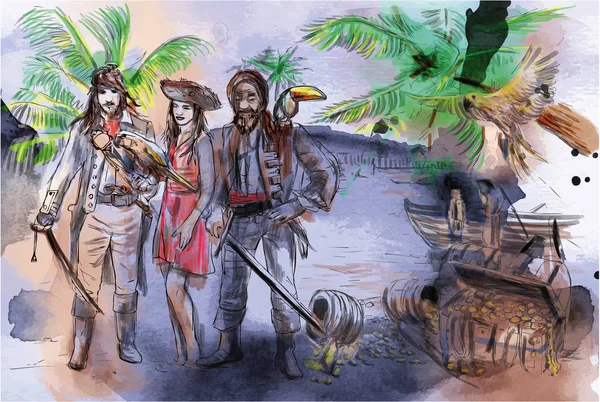 Piratów Ilustrację Wyciągnąć Rękę Rysunek Odręczny Rysunek Malarstwo Wektor — Wektor stockowy