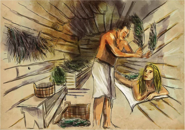 Banya Sauna Uma Ilustração Desenhada Mão Desenho Mão Livre Pintura —  Vetores de Stock