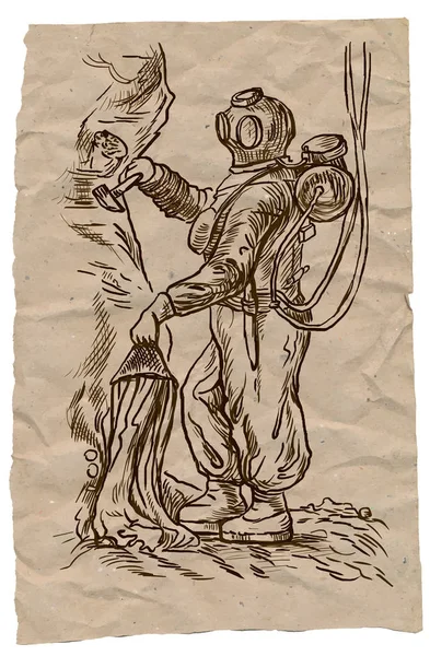 Diver Eine Handgezeichnete Illustration Vintage Stil Freihandskizze Braune Umrisse Auf — Stockvektor