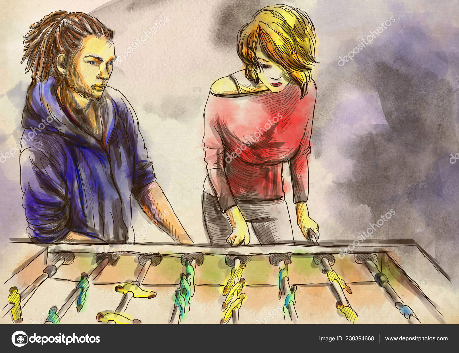 Table Soccer Hand Drawn Illustration Digital Painting Two Persons Playing Stock Photo Image By C Kuco
