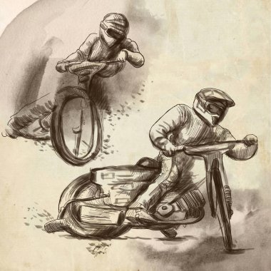 Speedway, motosiklet yarışları - bir elle çizilmiş illüstrasyon kahverengi renklerde. Dirt track. Dijital boyama.