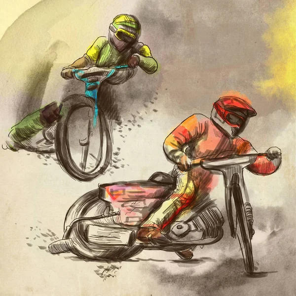 Speedway Gare Motociclistiche Illustrazione Disegnata Mano Colori Pista Sterrata Pittura — Foto Stock