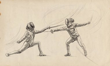 Rekabetçi eskrim - iki hanımefendiler, sporcular bir maçta. Bir elle çizilmiş örnek. Serbest çizim, bir spor olayı resim çizme.