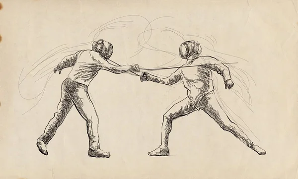 Fencing Competitivo Dos Deportistas Atletas Partido Una Ilustración Dibujada Mano — Foto de Stock
