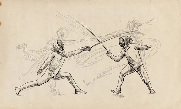 Fencing Compétitif Deux Sportifs Athlètes Dans Match Une Illustration Dessinée — Photo