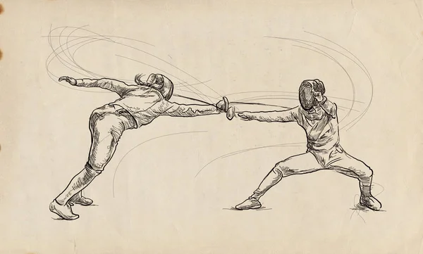 竞技击剑 两名运动员 运动员在比赛中 手绘插图 手绘素描 绘制体育赛事 — 图库照片