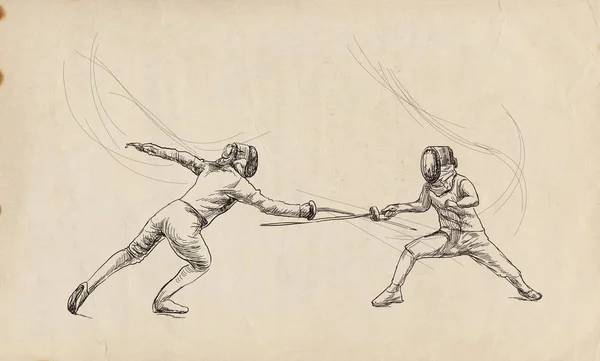 Fencing Competitivo Dos Deportistas Atletas Partido Una Ilustración Dibujada Mano — Foto de Stock