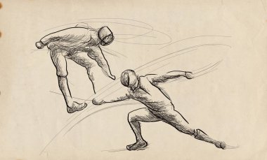 Rekabetçi eskrim - iki hanımefendiler, sporcular bir maçta. Bir elle çizilmiş örnek. Serbest çizim, bir spor olayı resim çizme.
