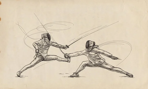 Fencing Competitivo Dos Deportistas Atletas Partido Una Ilustración Dibujada Mano — Foto de Stock