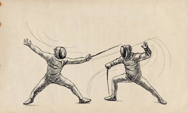 Rekabetçi eskrim - iki hanımefendiler, sporcular bir maçta. Bir elle çizilmiş örnek. Serbest çizim, bir spor olayı resim çizme.